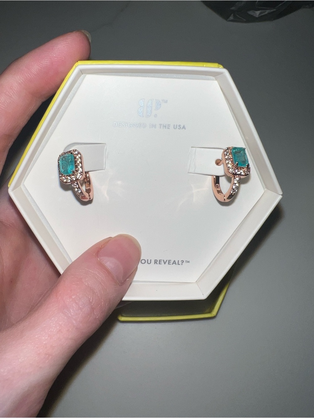 Rose Gold Huggie Earrings with Teal Green Stones